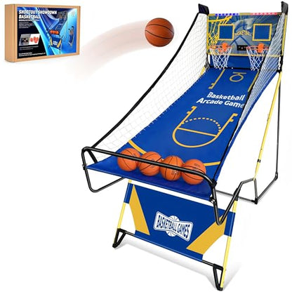 Arcade Basketball Game,Foldable Indoor Dual Basketball Scoring System with Sound Effects,Pump and Dual HoopsGame Modes for Family Game