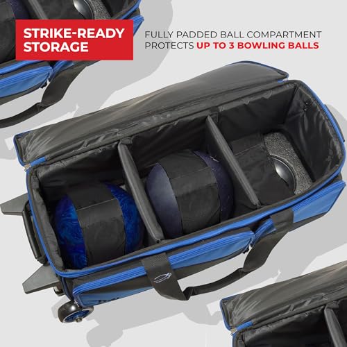 BSI Dash Roller Bowling Bag with Smooth Rolling Wheels, Padded Ball Compartment, Retractable Locking Handle, & Shoe Pocket - color: Black/Purple/White, style: Triple