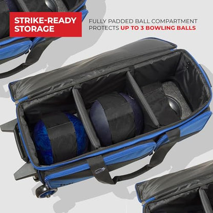 BSI Dash Roller Bowling Bag with Smooth Rolling Wheels, Padded Ball Compartment, Retractable Locking Handle, & Shoe Pocket - color: Black/Gray/White, style: Triple