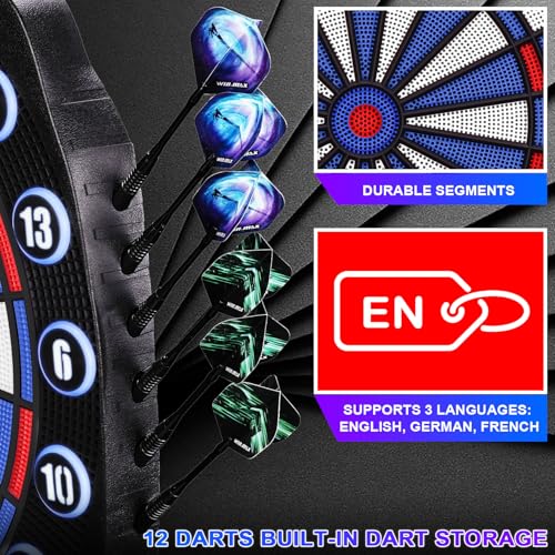WIN.MAX Electronic Dart Board Soft Tip Dartboard Set LED Displays 3 Languages with 12 Darts 100 Tips Power Adapter - color: BLUE/WHITE WITH LIGHTS