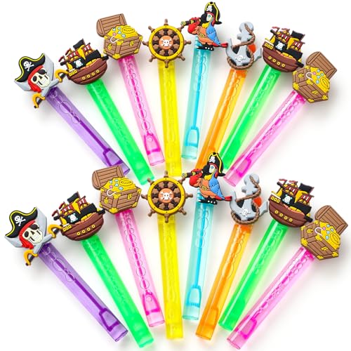 Winrayk Pirate Party Favors, 24Pcs Self-designed Mini Bubble Wands for Kids Bubbles Bulk with Detachable Topper (6 Styles & Colors), Birthday Gift Toy Pinata Filler Goodie Bag Stuffer Classroom Prizes - style: Pirate