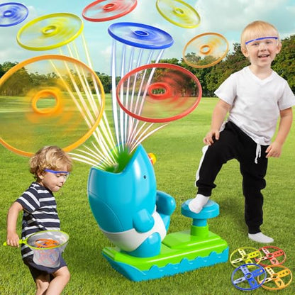 KukuFun 24-Pack Flying Disc Launcher Toys with Protective Glasses, Outdoor Outside Game Gifts for Kids Boys Ages 3-5 4-8, Fun Active Disc Launcher Set for Toddlers Girls Ages 3 4 5 6 7 8