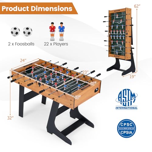 Goplus Folding Foosball Table, 48'' Full Competition Size Freestanding Soccer Game Table with 22 Players, 2 Balls, Space-Saving Foldable Arcade Table for Adults Family Game Night - color: Natural