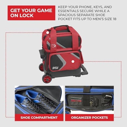BSI Dash Roller Bowling Bag with Smooth Rolling Wheels, Padded Ball Compartment, Retractable Locking Handle, & Shoe Pocket - color: Black/Red/Gray, style: Single