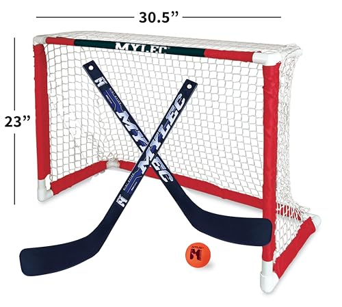 Mylec MINI Hockey Set - 1 x MINI PVC Hockey Goal (30.5" x 23"), 2 x Plastic MINI Player Sticks (Left and Right), 1 x Hockey Foam Ball, Lightweight, Sleeve Netting System (Red, 3 Pounds)