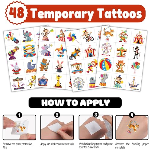 72 PCS Carnival Party Favors for Kids | 48 Pre-Cut Temporary Tattoos, 24 Punch Balloons, Birthday Party Decorations, Goodie Bag Fillers, Classroom Rewards
