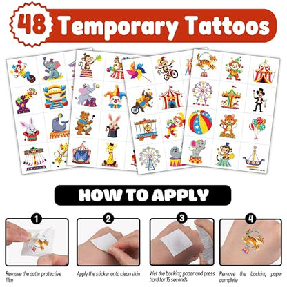 72 PCS Carnival Party Favors for Kids | 48 Pre-Cut Temporary Tattoos, 24 Punch Balloons, Birthday Party Decorations, Goodie Bag Fillers, Classroom Rewards