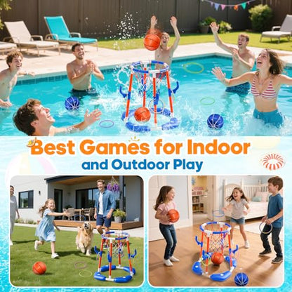 AIGIMU Pool Basketball Hoop, 2-in-1 Floating Pool Toys Ring Game with 4 Balls and Pump, Outdoor Swimming Pool Games for Kids Adults Water Basketball for Pool Basketball Games for Outdoor Indoor Play