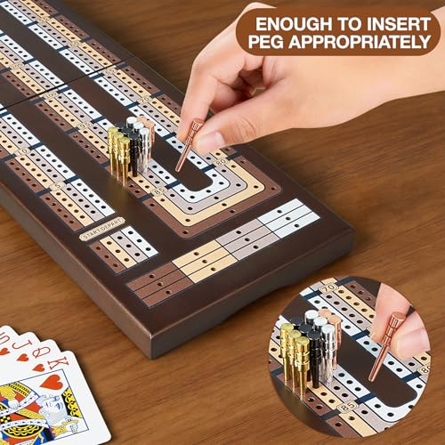 VAMSLOVE Upgraded Wooden 4-Track Cribbage Board Game 16 inches Foldable Magnetic Scoreboard with Large Slot for Storing 1 Playing Card and 12 Metal Pegs, Travel Family Game Night Instruction Included