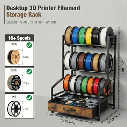 3D Printer Filament Storage Rack with Fabric Drawer | Dust-Proof Build, Fits PLA ABS TPU Nylon, Sturdy Spool Holder, Ideal for Organized 3D Printing Workshop & Home Studio