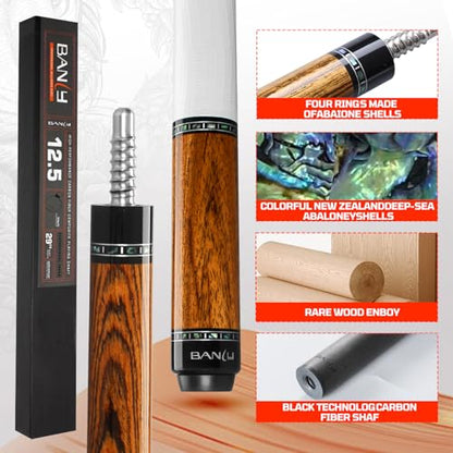 Banly Carbon Fiber Pool Cue Stick 12.5mm Time Crystal Tip, Low Deflection Pool Cue Professional Billiard Cue Sticks with Gift Box - color: 2-Ebony Wood(White Grip)