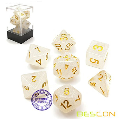 Bescon Intensive Glitter DND Dice 7pcs Set Veil Mist, New Glitter Polyhedral Die Set d4 d6 d8 d10 d12 d20 d%, Brick Box Package - color: Veil Mist Set