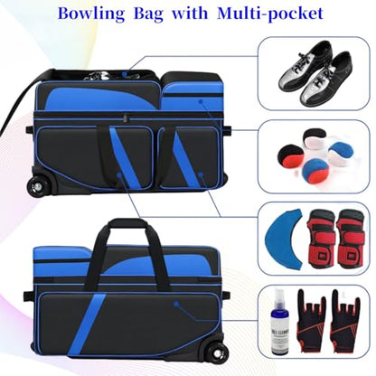 3 Ball Bowling Bags With Wheels,Bowling Bags 3 Ball Roller With Shoes Compartment And Multiple Pockets,3 Ball Bowling Bag has Retractable Handle Extends to 41.5 in - color: blue
