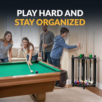 Hathaway Regent 28-in Corner Floor Pool Cue Rack – Solid Wood Billiard Cue Rack with Built-in Drink Holders & Triangle Hook – 10 Pool Stick Holder & Full Ball Set – Black Veneer Finish