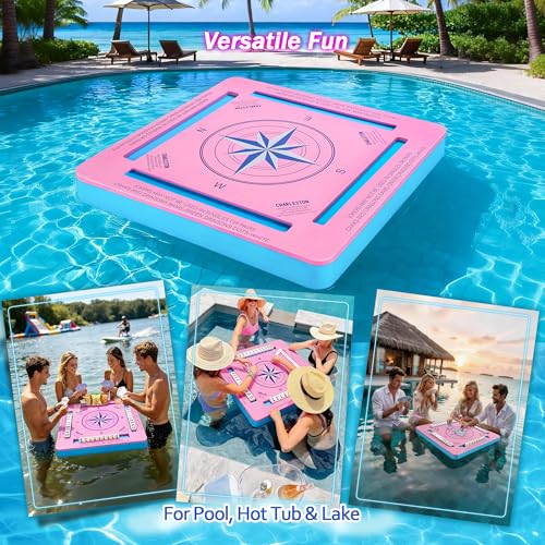 Floating Game Table for Pool, 19x19 Waterproof EVA Foam Card Table with Tile Slots, Portable Lightweight Pool Table for Mahjong, Dominoes & Poker, Travel Game Rack for Pool Party