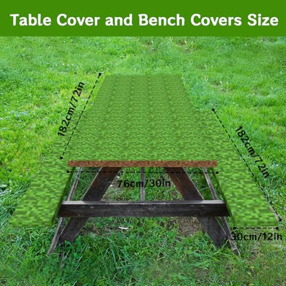 Pixel Grass Picnic Table Cover with Bench Covers and Carrying Bag, Gamer Pixel Miner Rectangle Table Cover, Outdoor Patio Camping Essentials 6FT 4PCS, Camping Fitted Tablecloth
