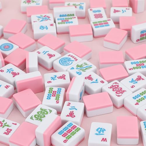 American Mahjong Tile Set,166 Pink Tiles Mahjong Set,4 Colors Mahjong Racks,Travel Mahjong Set with Red Carrying Bag - style: Pink Tile