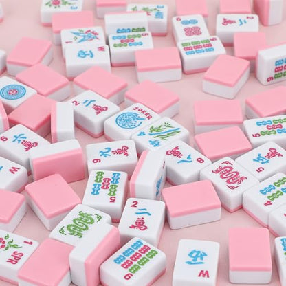 American Mahjong Tile Set,166 Pink Tiles Mahjong Set,4 Colors Mahjong Racks,Travel Mahjong Set with Red Carrying Bag - style: Pink Tile