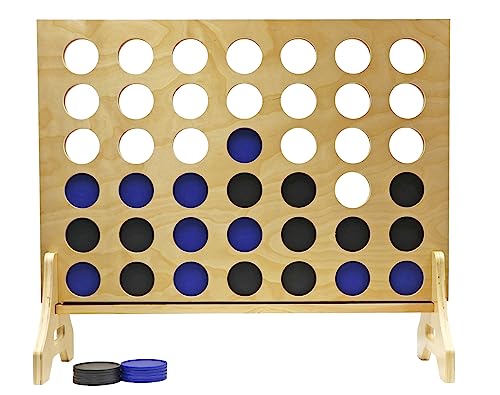 Giant 4 in a Row Game for Family & Adults – Tailgating Pros Jumbo Natural Wooden Four in a Row Indoor Outdoor Yard Game for Family Party Fun, Portable Activities for Patio, Backyard, and Camping - color: Blue / Black