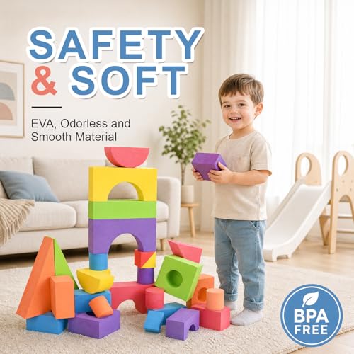Large Building Foam Blocks for Toddlers, EVA Stacking Foam Building Blocks Toy Set, Non-Toxic, Washable, Early Learning Construction Toys & Gifts for Kids Boys & Girls (Blue, Pieces, 30)