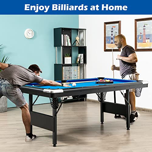 GYMAX Pool Table, 6FT Foldable Billiard Table with Complete Set of Balls, 2 Cue Sticks, Chalk & Felt Brush, Portable Indoor/Outdoor Pool Table for Adults Kids Family Game