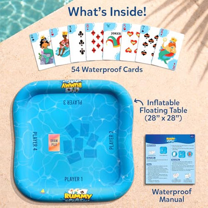 Gouda Games Pool Rummy Splash – Floating Pool Game Table (28” x 28”), Waterproof Cards, Inflatable Pool Toy for Kids & Adults, Family Pool Party Game for Ages 8, 9, 10, 11 and Up, 2-4 Players