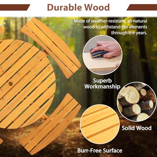8-Person Round Wooden Picnic Table with Seat, Outdoor Camping Dining Table with 4 Built-in Benches, Natural - color: Natural, size: 8-Person Round