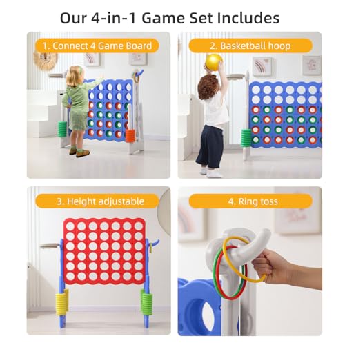 UNICOO Jumbo 4-in-a-Row Game Set, Height Adjustable Indoor Outdoor Yard Game with Basketball Hoop, Ring Toss & Carrying Bag, Family Party Lawn Game for Kids and Adults - color: Blue & White