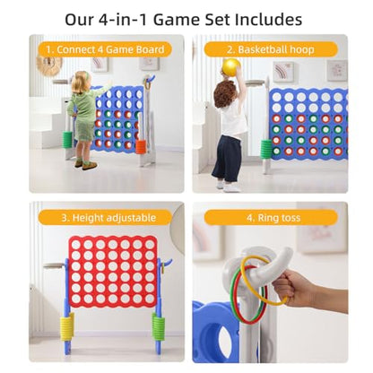 UNICOO Jumbo 4-in-a-Row Game Set, Height Adjustable Indoor Outdoor Yard Game with Basketball Hoop, Ring Toss & Carrying Bag, Family Party Lawn Game for Kids and Adults - color: Blue & White