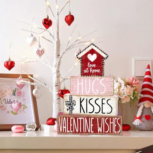 DIYDEC 4Pcs Valentine's Day Table Decoration Valentine House Wooden Block Signs Rustic Valentine Tiered Tray Decor Valentines Day Centerpiece Sign for Farmhouse Holiday Tabletop Home Party Decor - style: Valentine House