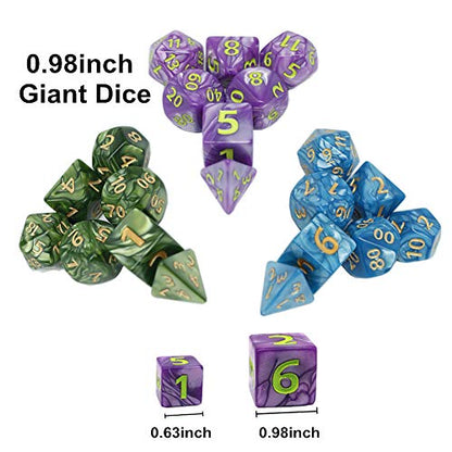 3 Pack 25mm Giant DND Dice Set for Dungeons and Dragons D&D RPG Pathfinder Role Playing Game Blue Green Purple Oversize Polyhedral Dice with Bag - color: Blue Green Purple