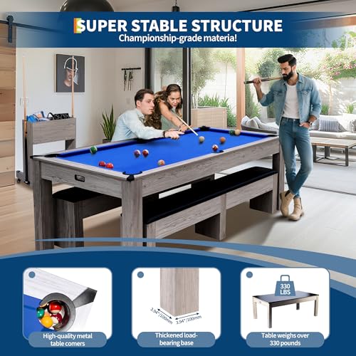 7FT 3-in-1 Convertible Pool Table for Home & Game Rooms – Billiard, Dining, and Table Tennis Combo – Includes Cue Sticks, Balls, Table Tennis Accessories, and Rolling Storage Cart – - color: Blue