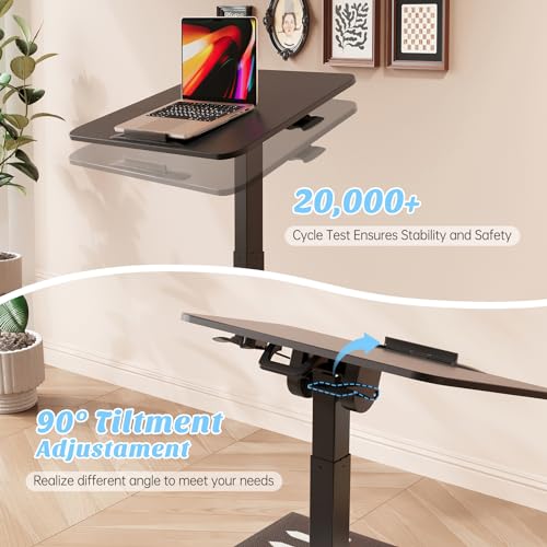 Foldable Mobile Standing Desk, Pneumatic Height Adjustable Rolling Sit Stand Desk, 90° Tiltable Portable Laptop Cart on Wheels, Mobile Desk Workstation for Home Office, Easy to Fold - color: Black