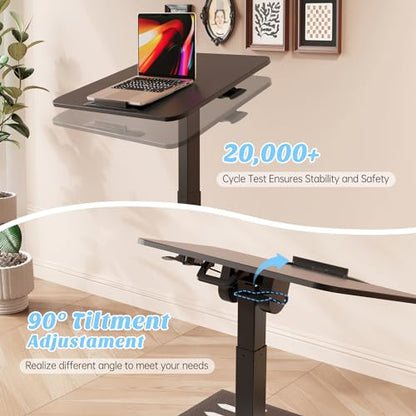 Foldable Mobile Standing Desk, Pneumatic Height Adjustable Rolling Sit Stand Desk, 90° Tiltable Portable Laptop Cart on Wheels, Mobile Desk Workstation for Home Office, Easy to Fold - color: Black