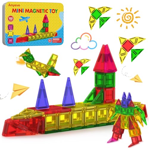 112PCS Mini Magnetic Tiles for Kids, Magnetic Tiles Travel Set with Iron Box, Portable Construction Toys STEM Educational Building Set for Kids Ages 4-8 Toddlers, Boys & Girls Birthday New Year Gift - style: 112 PCS