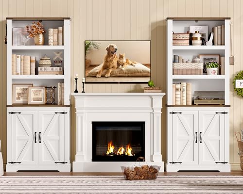 TEENFON 70.9in Tall Storage Cabinet with Adjustable Shelves, Kitchen Pantry Cabinet with 2 Barn Doors, 5 Tiers Farmhouse Bookcase for Living Room, Kitchen, Home Office, Bedroom, White - color: White-01