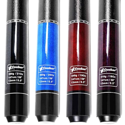 Set of 4 58" 2-Piece Pool Cue Sticks - 4 Distinct Colors, 18-21Oz | Weights 18,19,20,21 oz. Imitation leather grip. For adults/men/women, house bar/league play, or self-use/gift - color: Purple+Red+Blue+Black
