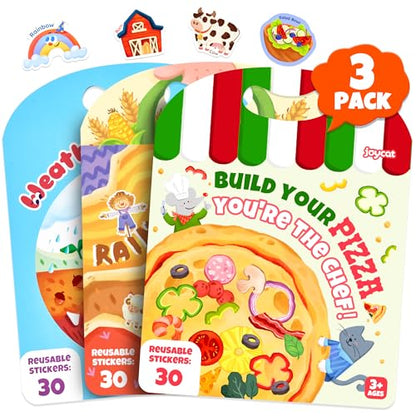 JoyCat Reusable Sticker Book Set (3-Pack): Farm, Pizza-Making, Weather - 90 Pcs Stickers for Toddlers, Kids Sticker Activity Book, Road Trip Travel Toys, Birthday Gifts for Boys and Girls - style: 3-Pack: Weather, Farm, Pizza