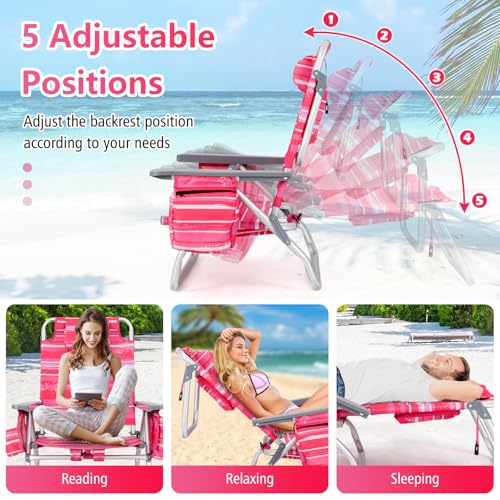 Tangkula Backpack Beach Chair with Table, 5-Position Lay Flat Beach Chairs with Cooler Bag, 2 Cup Holders, Towel Bar, Lightweight Low Folding Beach Chair with Backpack Straps - color: Pink Stripe, style: 2 Pack with Table