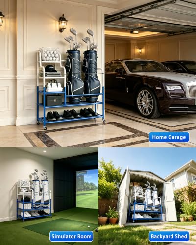 Golf Bag Storage Garage Organizer for 2 Bags, Golf Storage Rack with Wheels | 50% More Space Multi-Zone,All-In-One 5tier Compact,Extra Bottom Storage,4 360° Casters,Movable Basket,Small Garage,Heavy-Duty - size: 2 Golf Bag Rack丨36"(L)x15.8(W)"x44.6"(H)