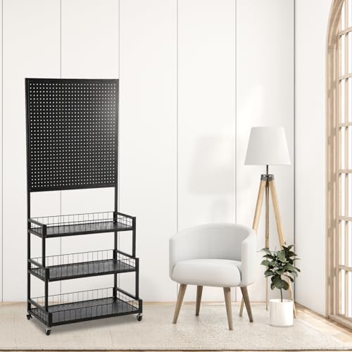 Eastern Tree 3 Tiers Metal Pegboard Display Stand with Pegboard Panel, Standing Pegboard Display Rack, Peg Board Panels, Art Display and Retail Display Stand with 20 Hooks - Black - color: Black