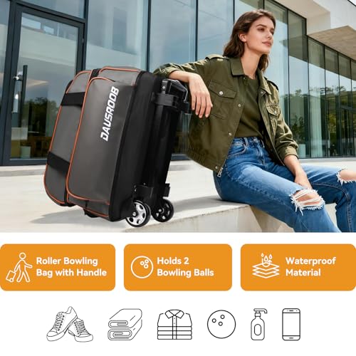 2 Ball Bowling Bag with Wheel,900D Oxford Waterproof PU,Dual Roller Bowling Bag with Sturdy Frame,Large Shoe Compartment Fits Up to Men’s 16,Rolling Bowling Tote, Handle Extends to 39.5" - color: Grey