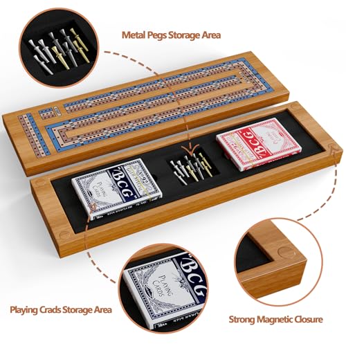 Wooden Cribbage Board Game Set – Continuous 3-Track Cribbage Board with Magnetic Lock & Large Storage, 9 Metal Pegs and 2 Decks of Cards – Portable Strategy Game for Travel & Game Nights - style: Classic