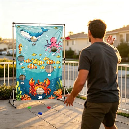 Ocean Toss Game Birthday Party Supplies Bean Bag Toss Game for Adults, Washable Heavy Duty Outdoor Indoor Throwing Theme Party Game Banner with 3 Bean Bags and 19.6ft String