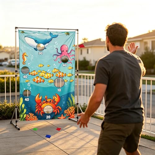 Ocean Toss Game Birthday Party Supplies Bean Bag Toss Game for Adults, Washable Heavy Duty Outdoor Indoor Throwing Theme Party Game Banner with 3 Bean Bags and 19.6ft String