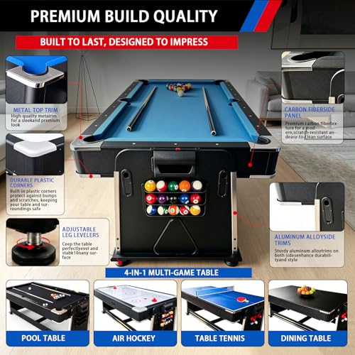 7FT Pool Table Dining Table Combo, 4-in-1 Multi-Game Table with Air Hockey & Ping Pong Tabletop, Convertible Billiard Table for Adults, Indoor/Outdoor Pool Table - color: Blue
