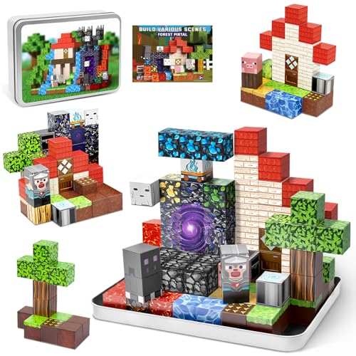 Resflycheng 70PCS Magnetic Building Blocks Travel Toys for Kids Ages 4-8, Forest Portal Mini Magnetic Blocks with Iron Case, Portable Magnet Cubes STEM Learning Set for Toddler Boys Girls Ages 3+ - style: Forest Portal