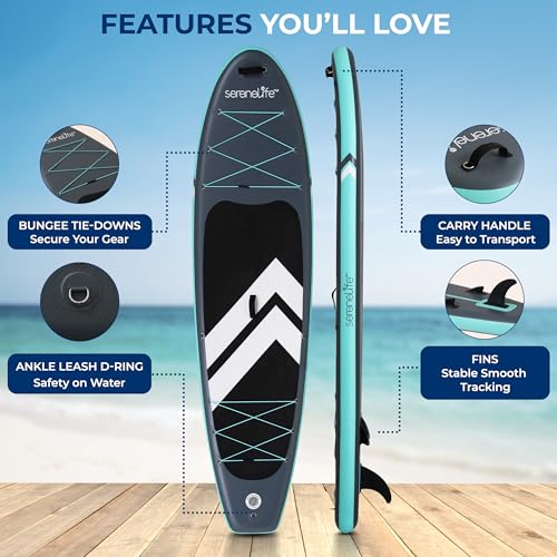 SereneLife 10’6" Inflatable Stand Up Paddle Board with Premium SUP Accessories - Wide Stable Design with Non-Slip EVA Deck Pad, for Youth and Adults, 350 lbs. Capacity - color: Storm Gray