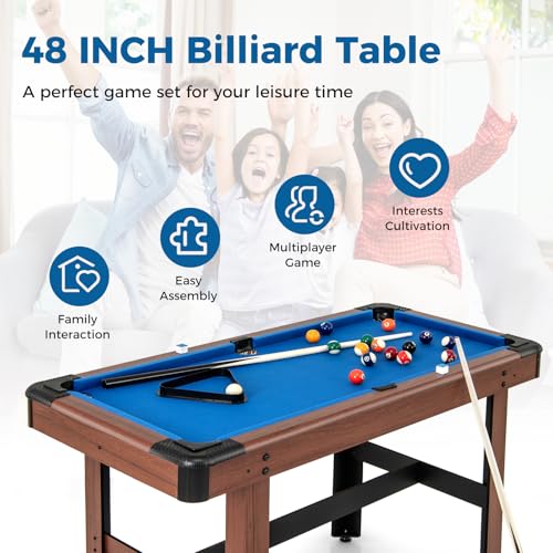 GYMAX Pool Table, 48 Inch Wooden Billiard Tables with 16 Balls, 2 Cue Sticks, 2 Chalks and Brush, Snooker Table Mini Pool Table for Kids, Family, Party - color: Blue