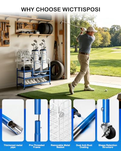 Golf Bag Storage Garage Organizer for 2 Bags, Golf Storage Rack with Wheels | 50% More Space Multi-Zone,All-In-One 5tier Compact,Extra Bottom Storage,4 360° Casters,Movable Basket,Small Garage,Heavy-Duty - size: 2 Golf Bag Rack丨36"(L)x15.8(W)"x44.6"(H)